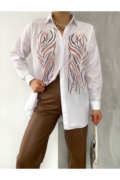 FancyWorld Patterned Sequin Embroidered White Color Shirt