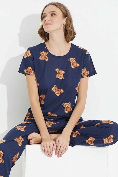 Siyah İnci Navy Blue Teddy Bear Patterned Knitted Pajama Set