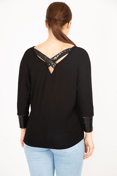 Şans Women's Black Large Size Back and Sleeve Sequin Detailed V-Neck Long Sleeve Blouse 65n35905