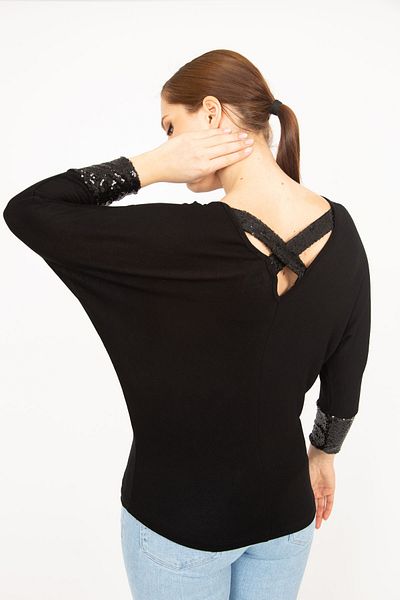 Şans Women's Black Large Size Back and Sleeve Sequin Detailed V-Neck Long Sleeve Blouse 65n35905