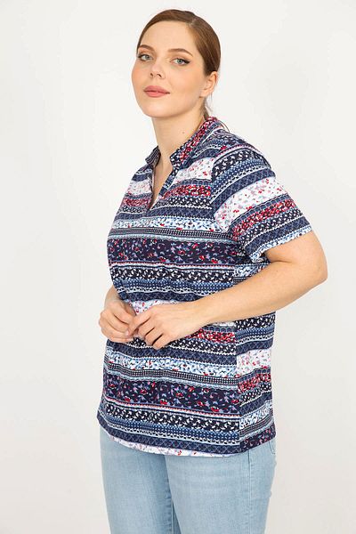 Şans Women's Colorful Large Size Cotton Fabric Polo Collar Blouse 65n35933