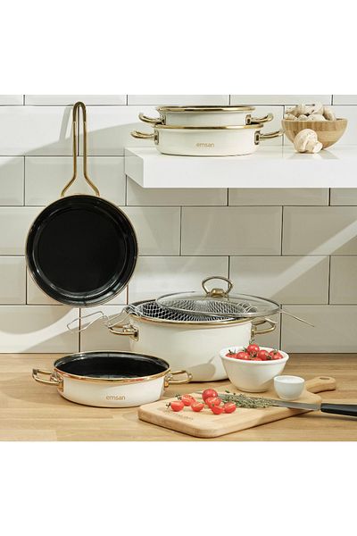 Emsan Nostalgia Enameled Beige Frying Pan