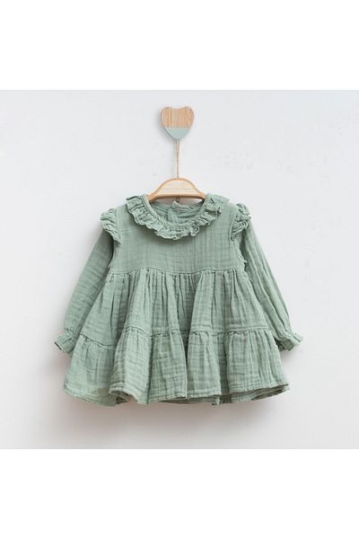 CFR Kids Baby Girl Soft Woven Organic Cotton Green Muslin Dress Holiday