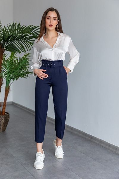Neşeli Butik High Waist Belted Women's Trousers - Navy Blue Qns040