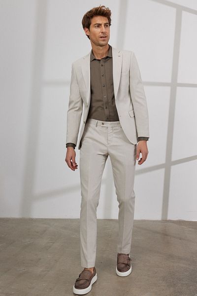 ALTINYILDIZ CLASSICS Men's Beige Slim Fit Slim Fit Mono Collar Diagonal Patterned Cotton Suit