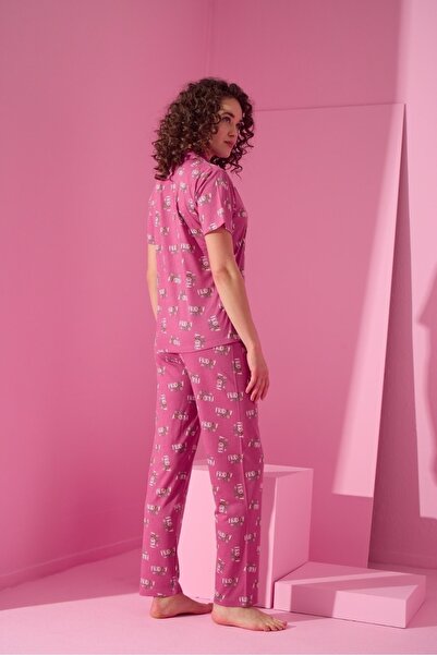 MEBA Women's Front Buttoned Long Dark Pink Pajama Set