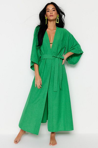 Trendyol Collection Grüner, gewebter Maxi-Kimono und Kaftan in Leinenoptik mit Gürtel TBESS23KM00058