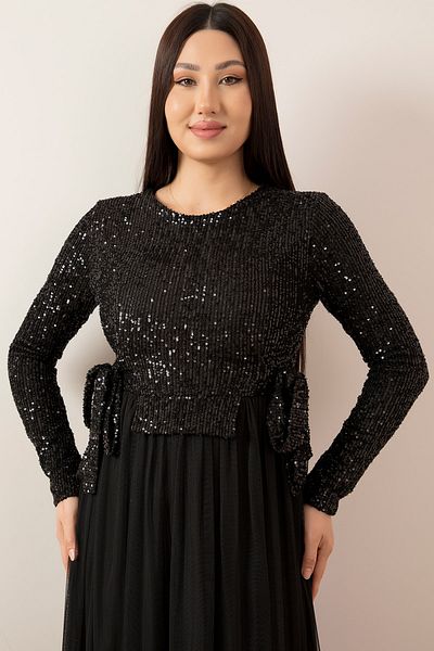 PULLIMM Sequin Waist Tied Hijab Evening Dress 13054