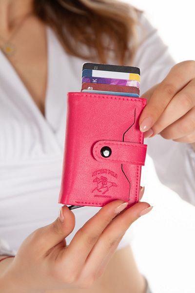 Newish Adelina Fuchsia Nova Leather Mechanism Snap Card Holder Wallet (7CMX10CM)