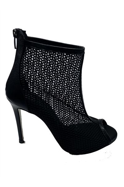 KARVENSHOES Γυναικείες μαύρες δερμάτινες μαύρες διχτυωτές κοντές καλοκαιρινές μπότες με ανοιχτό μπροστινό φερμουάρ