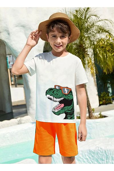twins tailors Dinosaur Printed Children's Orange Jersey Set with Shorts