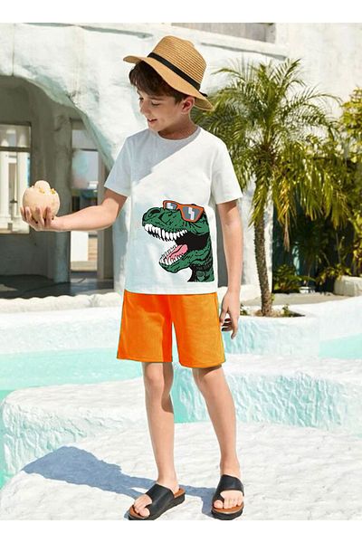 twins tailors Dinosaur Printed Children's Orange Jersey Set with Shorts