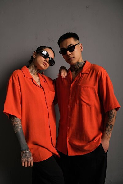 BLACKest قميص Alaçatı كتان 100% للجنسين باللون البرتقالي - Ala1