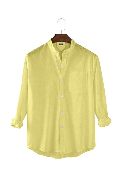 Terapi Men Ανδρικό κίτρινο αυθεντικό λινό πουκάμισο με μακρύ μανίκι τσέπη