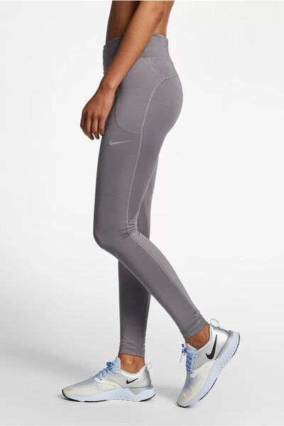 Nike Fast Mid-rise Running Leggins Normal Waisted Firming Gray Women's Sport Tights with Mesh Panels