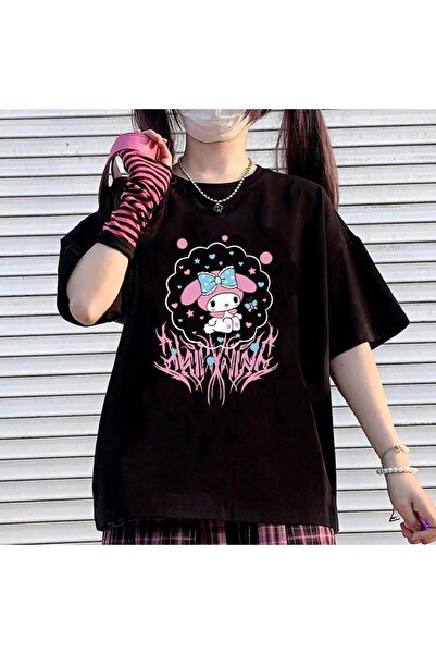 MECH BUTİK Tricou pentru fete supradimensionat negru cu franjuri roz Mymelody
