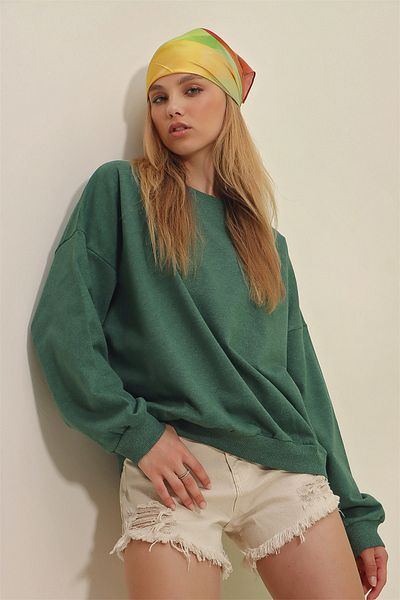 Trend Alaçatı Stili Sweatshirt - Grün - Oversized
