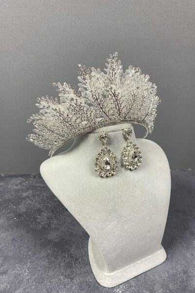 FdayAksesuar Set de cercei pentru rochie de seară și coroană de mireasă cu mă...