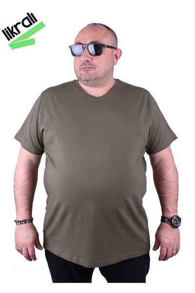 Starbattal Men's Large Size Lycra Basic V-Neck T-Shirt 11170 Khaki