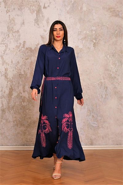 Keyifli Moda Women's Navy Blue Shirt Collar Skirt with Embroidery Belt Long Shirt Dress