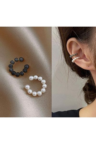 fullcontrol Women's Bjk Black and White Pearl Cartilage Earrings 2 Pcs