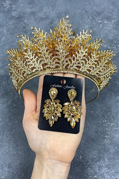 FdayAksesuar Set de coroană de mireasă brodată cu mărgele Naaerro și cercei s...