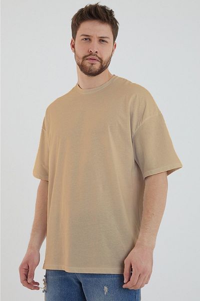 DEEPSENCE Ανδρικό μπλουζάκι Oversize απλό βαμβακερό ύφασμα Κρεμ χρώμα