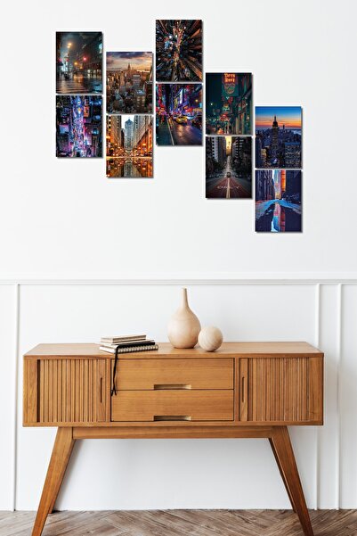 FourArts Set de pictură decorativă cu lumini de oraș, 10 piese, din lemn, dec...