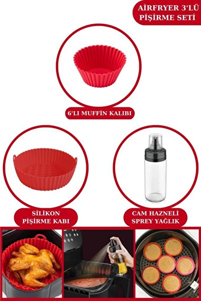 Silicolife Airfryer Pişirme Kabı, 6’lı Muffin Kek Kalıbı Ve Sprey Cam Yağlık-...