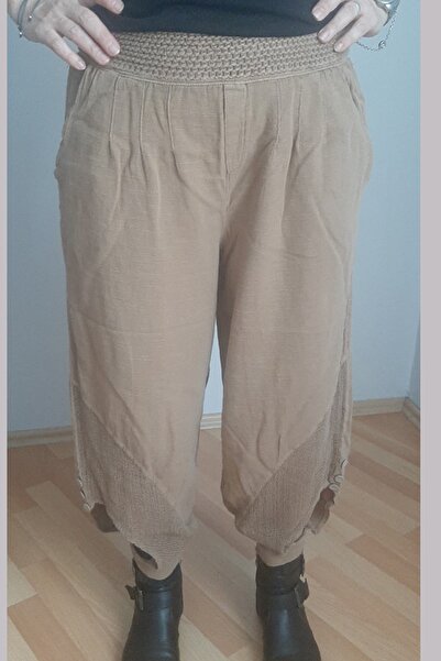 AYASOFYA OTANTIK Women's Brown Leg Mesh and Button Detailed Linen Trousers