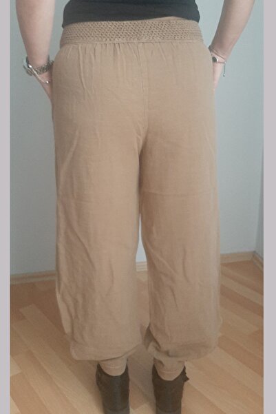 AYASOFYA OTANTIK Women's Brown Leg Mesh and Button Detailed Linen Trousers