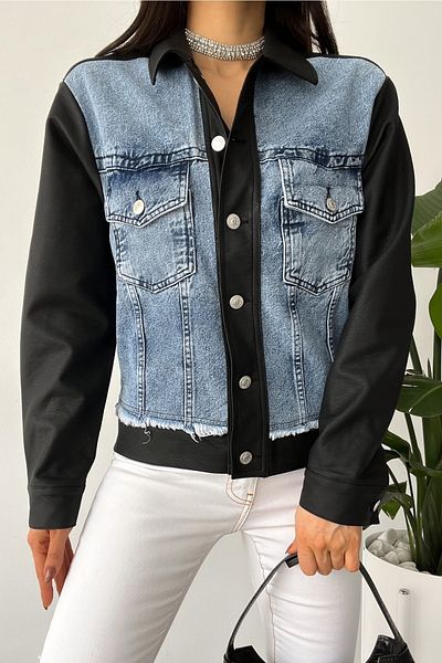 FEMELLE Jachetă de piele pentru femei, sezon nou, cu detaliu din denim