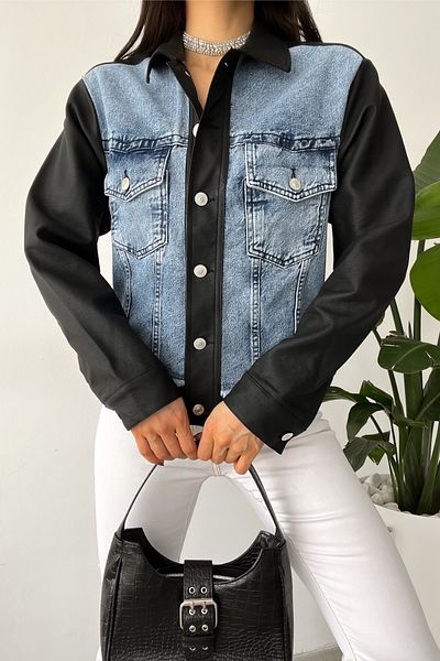 FEMELLE Jachetă de piele pentru femei, sezon nou, cu detaliu din denim