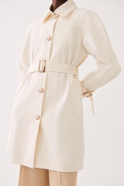 Perspective Eleri Regular Fit Gömlek Yaka Diz Üstü Ekru Renk Kadın Trench Mont