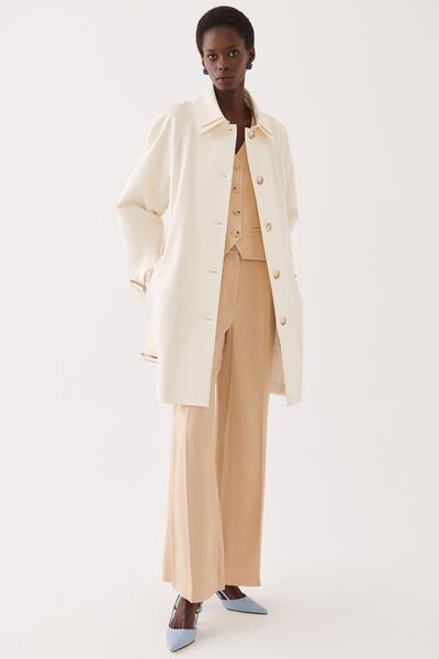 Perspective Eleri Regular Fit Gömlek Yaka Diz Üstü Ekru Renk Kadın Trench Mont