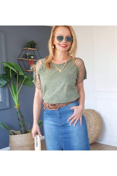 NUR TEKSTİL Kadın Haki Kolar Yırtmalı Etnik-otantik T-shirt
