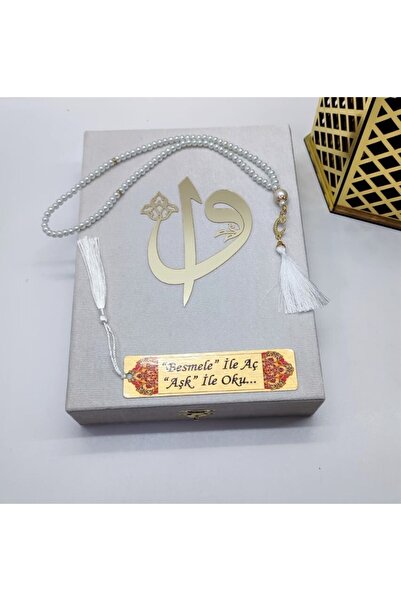 kahraman hediyelik Isimli Raşel Kumaş Kuran-ı Kerim Orta Boy Kutulu (16X24)(BEYAZ)inci Tesbih, Ayraç Seti