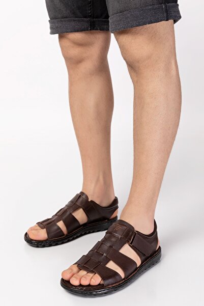 Akgün Terlik Men's Brown Genuine Leather Orthopedic Sole Comfortable Sandals