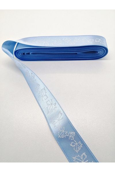 GELD Σατέν κορδέλα με μοτίβο Baby Blue Leaf 2,5 cm 3 μέτρα
