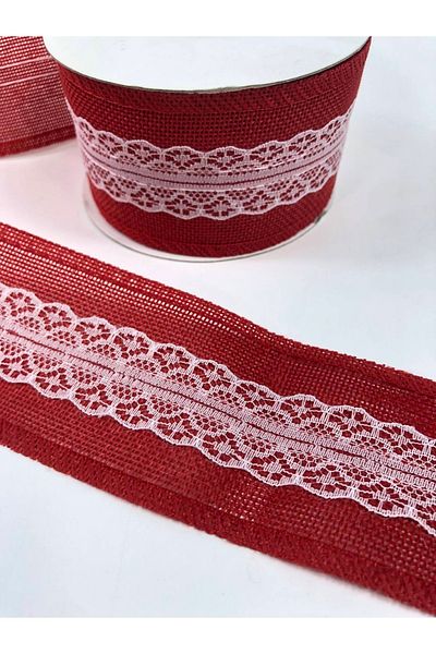 GELD Red Wide Linen Ribbon with Lace in the Middle – Ribbon – Ribbon