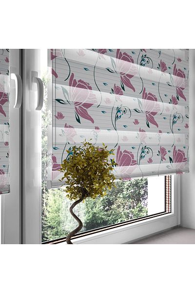 Turuncu Dizayn Pink Water Lily Flower Patterned Digital Printed Zebra Curtain