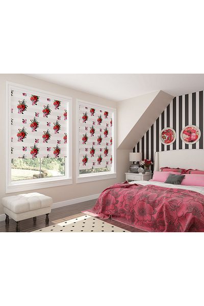 Turuncu Dizayn Red Poppy and Rose Pattern Digital Printed Zebra Roller Blinds for Kitchen and Living Room