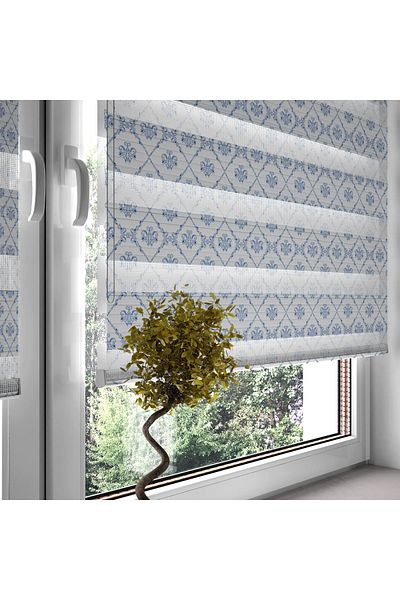 Turuncu Dizayn Zebra Patterned Td Trend Curtain - Blue Damask1
