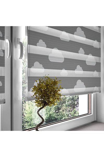 Turuncu Dizayn Zebra Patterned Digital Printed Gray Clouds Curtain
