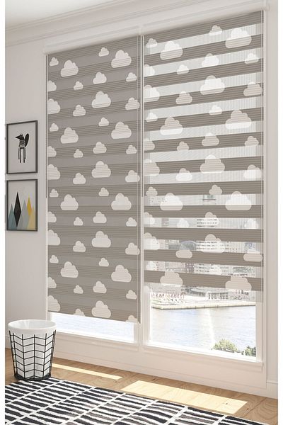 Turuncu Dizayn Zebra Patterned Digital Printed Gray Clouds Curtain