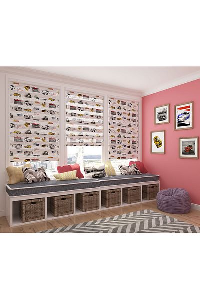 Turuncu Dizayn Yellow Monza Race Cars and Motor Patterned Digital Printed Zebra Roller Blinds for Children's Room