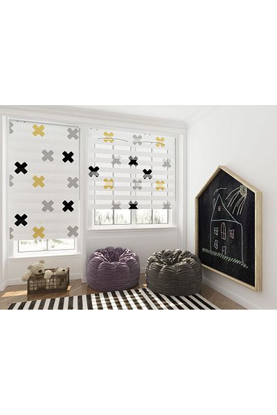 Turuncu Dizayn Gray Crossed X Patterned Digital Printed Zebra Roller Blinds for Children's Room and Playroom