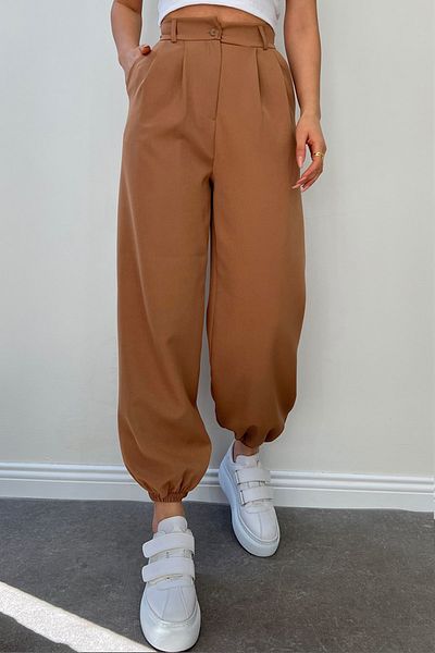 fehika Women's Brown Pleated Elastic Leg High Waist Cargo Jogger / Balloon Pants