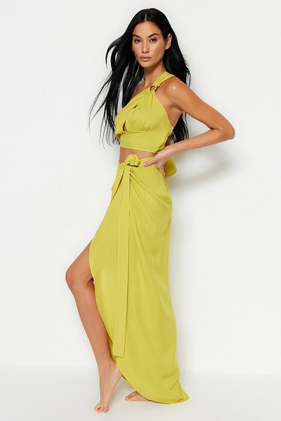 Trendyol Collection Oil Green Single Shoulder Blouse Skirt Set with Woven Accessories TBESS23AU00133