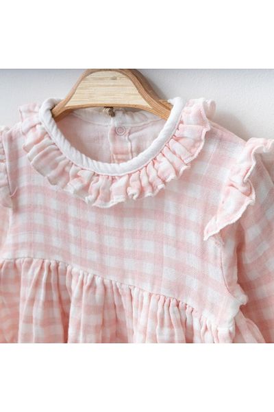 CFR Kids Baby Girl Soft Woven Organic Cotton White - Pink Muslin Dress1003001